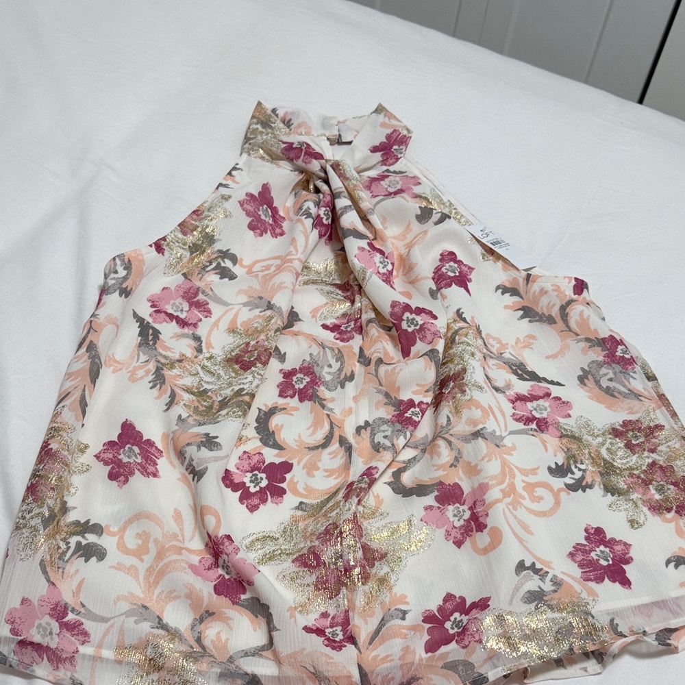 LOFT Floral Sleeveless Halter style Top - Pink and Gold